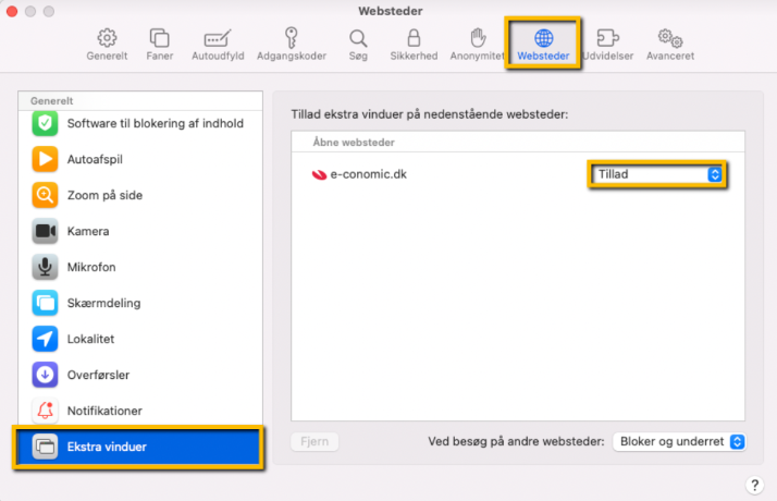 Viser indstillingen for 'Ekstra vinduer' i Safari under 'Websteder' – bruges til at tillade pop op-vinduer fra e-conomic.