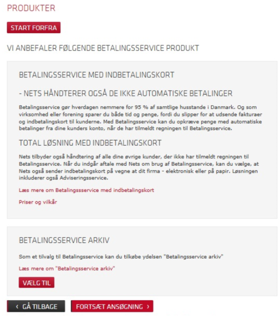 Viser produktoversigten i Nets Betalingsservice-ansøgningen – bruges til at vælge tilkøbsprodukter til Betalingsservice.