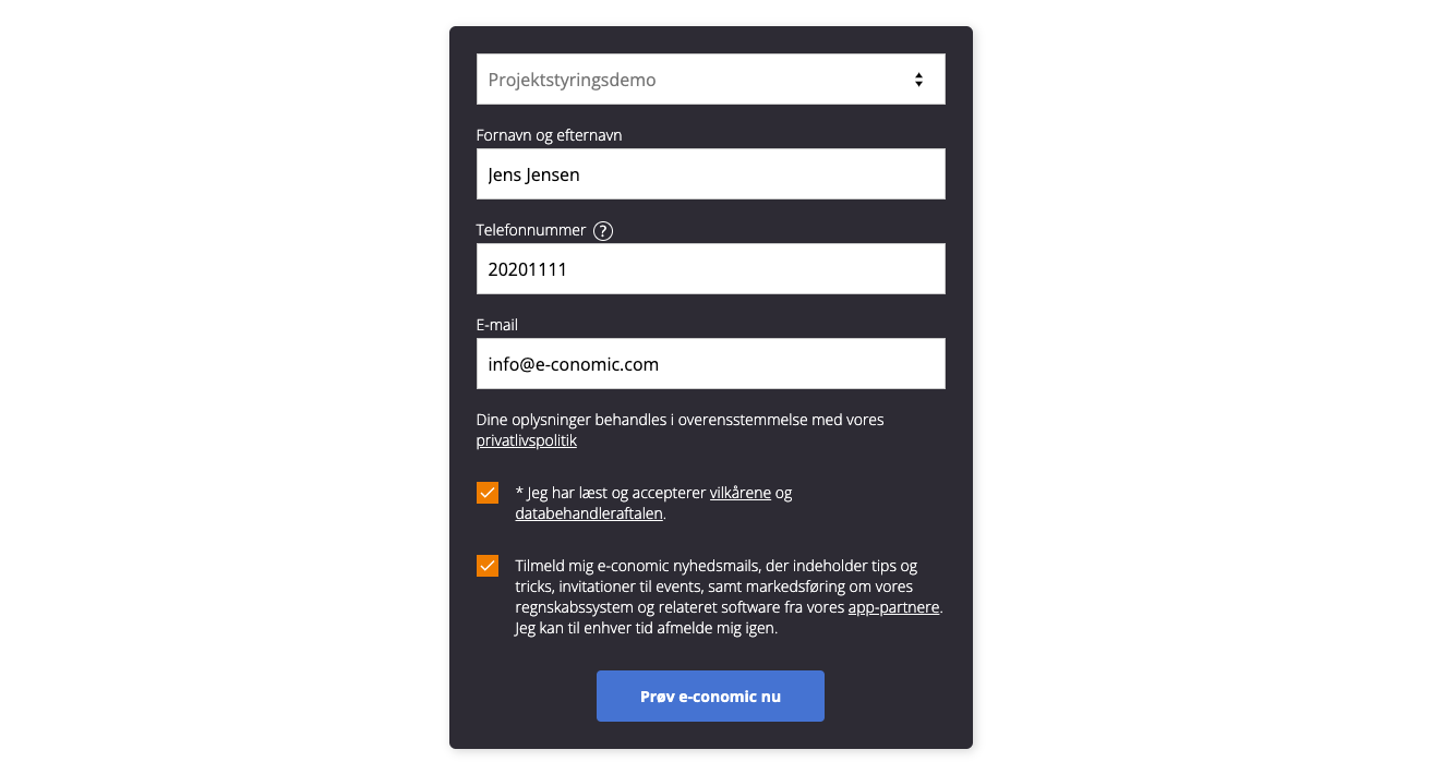 Viser formular til bestilling af demo på e-conomics demoside – bruges til at oprette en projektstyringsdemo med data.