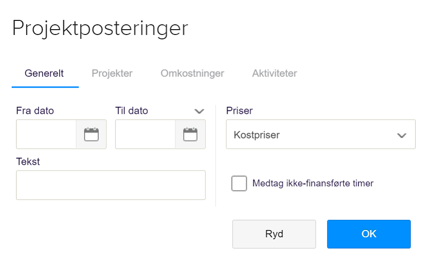Viser filtreringsmulighederne for rapporten Projektposteringer – bruges til at specificere hvilke data rapporten skal indeholde.