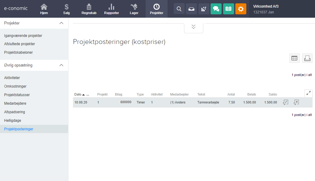 Viser oversigten over projektposteringer i projektmodulet – bruges til at få et overblik over bogførte omkostninger på projekter.