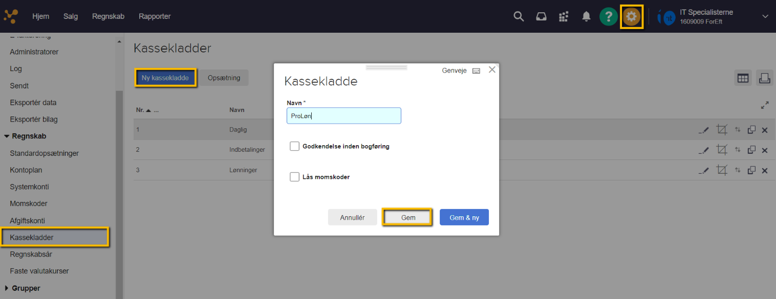 Viser dialogboksen til en ny kassekladde i Kassekladder – bruges til at navngive og gemme en ny kassekladde til ProLøn.