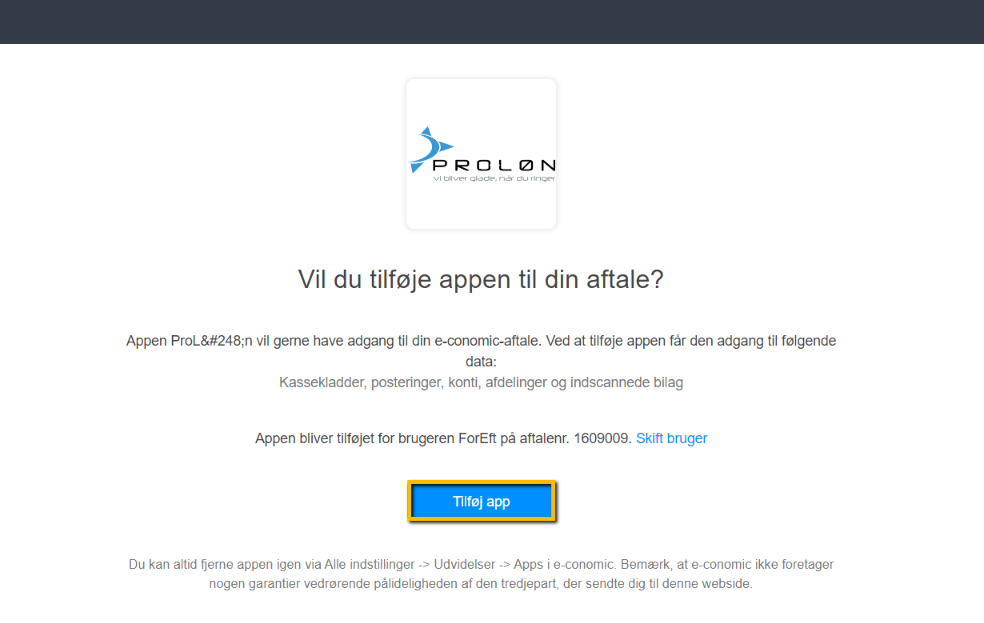 Viser bekræftelsesvinduet for ProLøn i Market – bruges til at give appen adgang til sin e-conomic-aftale.
