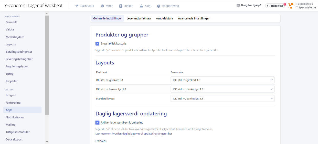 Viser de generelle indstillinger for e-conomic-appen i Rackbeat – bruges til at opsætte synkronisering af kostpriser, layouts og lagerværdi.