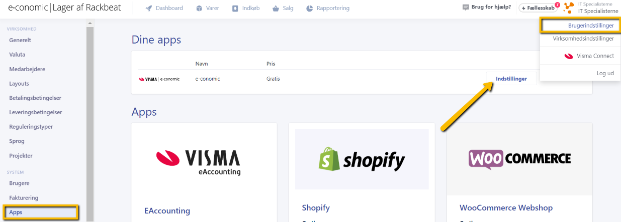 Viser knappen 'Indstillinger' for e-conomic appen i Rackbeat – bruges til at tilgå opsætningen for leverandørfakturaer.