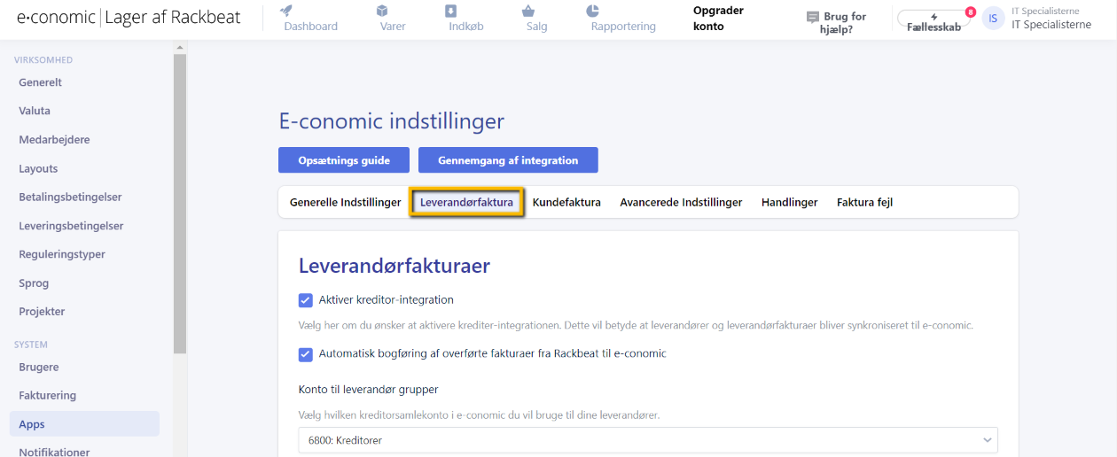 Viser indstillingerne for leverandørfaktura i Rackbeats e-conomic app – bruges til at konfigurere synkronisering og bogføring af fakturaer.