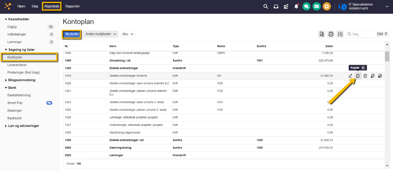 Viser en oversigt over konti for direkte omkostninger i Kontoplanen – bruges til at verificere den korrekte opsætning til synkronisering.