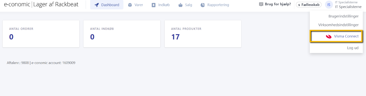 Viser menupunktet Visma Connect i indstillingsmenuen – bruges til at administrere integrationer og app-forbindelser.