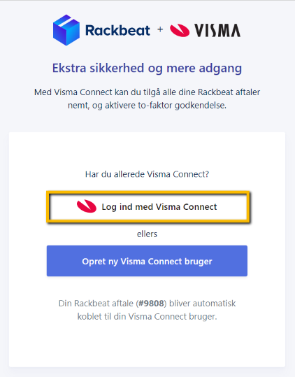 Viser login-siden for Visma Connect i Rackbeat – bruges til at forbinde en Rackbeat-aftale for øget sikkerhed og adgang via Visma.