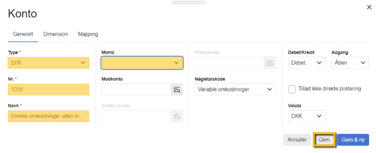 Viser oprettelse af en ny konto i Kontoplanen – bruges til at oprette en konto til direkte omkostninger uden moms.