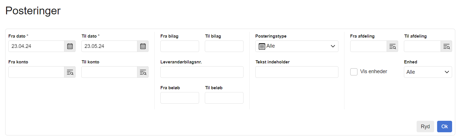 Viser søgefelterne i rapporten Posteringer – bruges til at finde en bestemt postering.