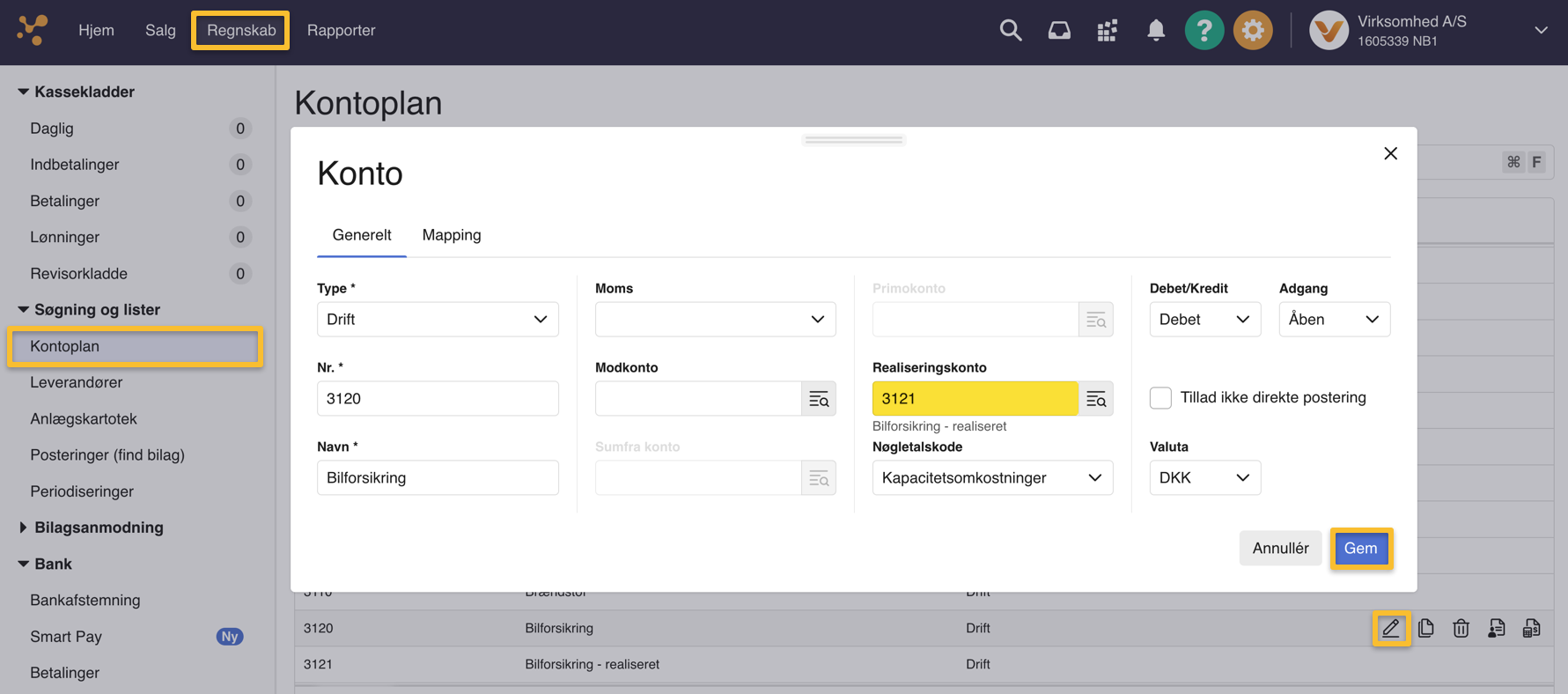 Viser tilknytning af en realiseringskonto til en finanskonto i Kontoplanen – bruges til at muliggøre periodisering af posteringer på kontoen.