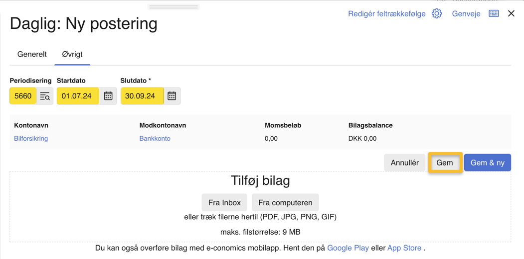 Viser periodiseringsfelterne på fanen 'Øvrigt' i en ny postering – bruges til at fordele en udgift over en bestemt periode.