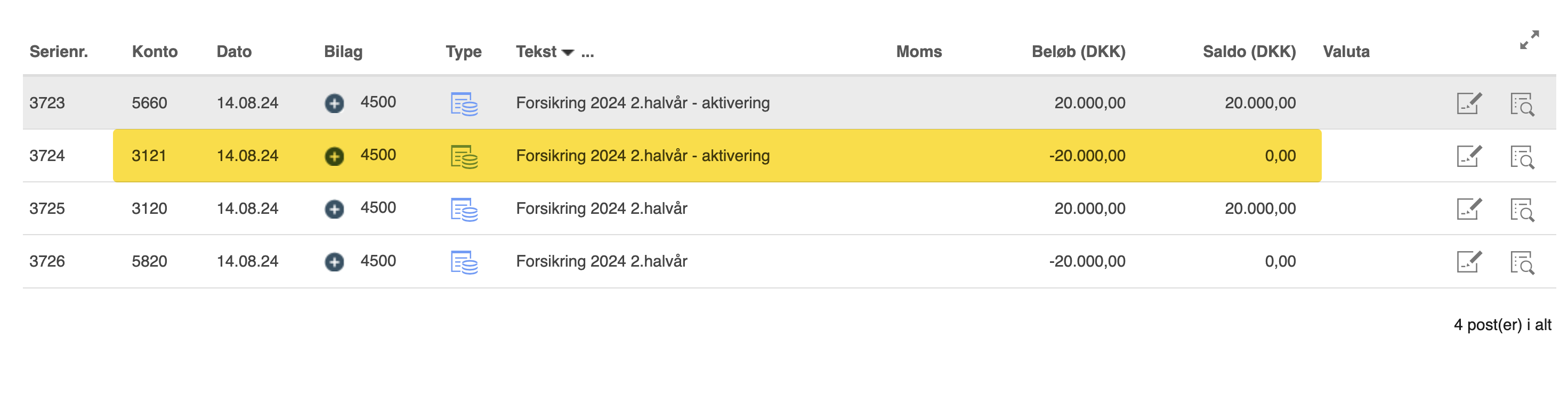 Viser de bogførte poster for en periodisering i kassekladden – bruges til at forstå hvordan en udgift aktiveres på balancen.