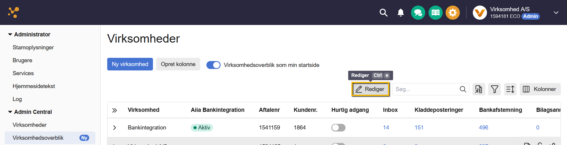 Viser knappen 'Rediger' i Virksomhedsoverblik – bruges til at aktivere redigering af værdier i kolonnerne