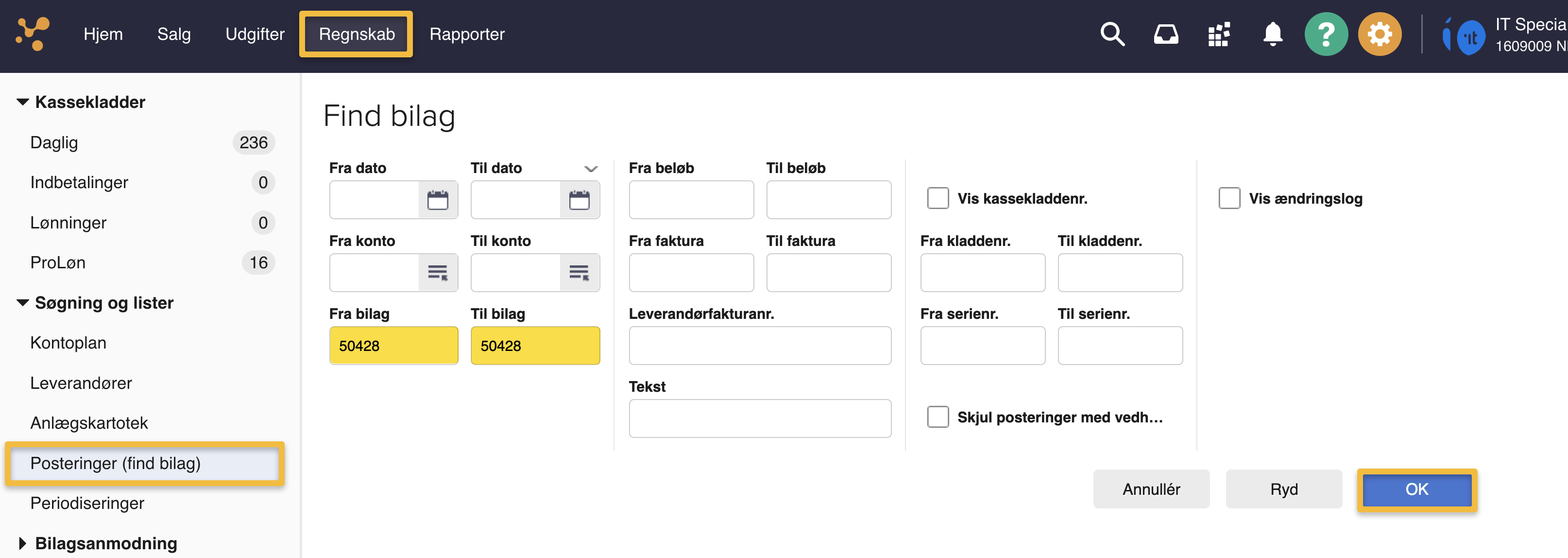 Viser søgefunktionen i Posteringer (find bilag) – bruges til at finde en bogført postering, som skal rettes.