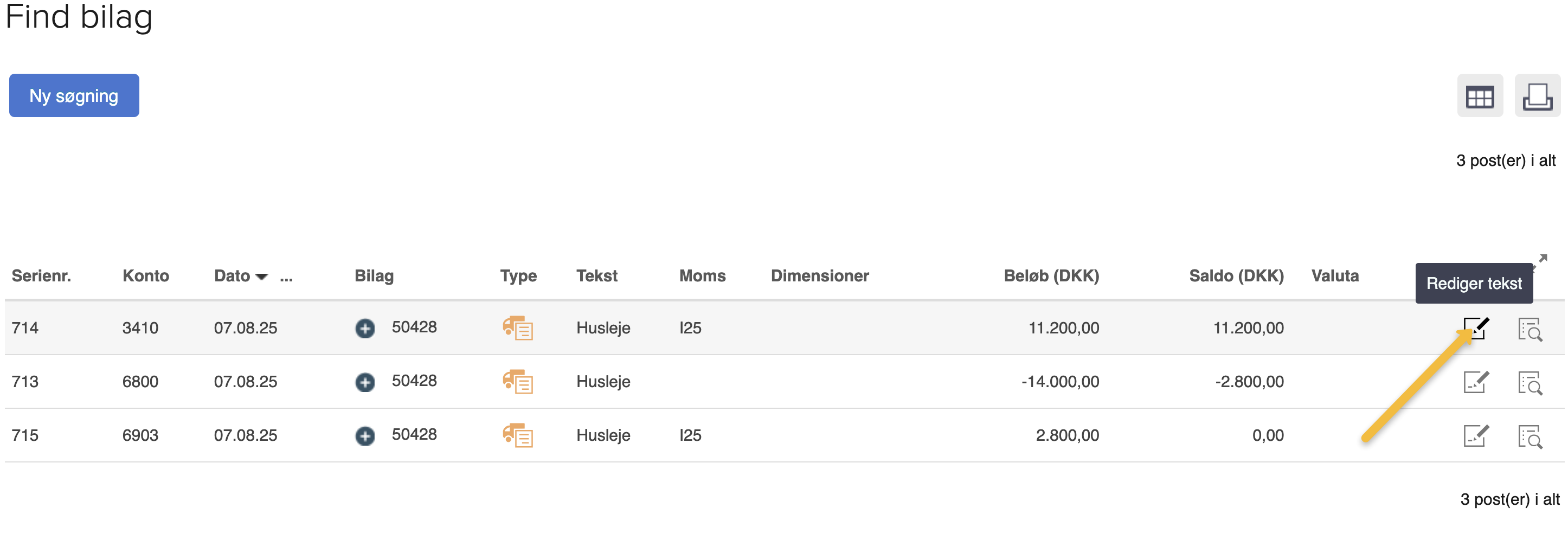 Viser Rediger tekst-knappen i 'Find bilag' – bruges til at redigere en postering.
