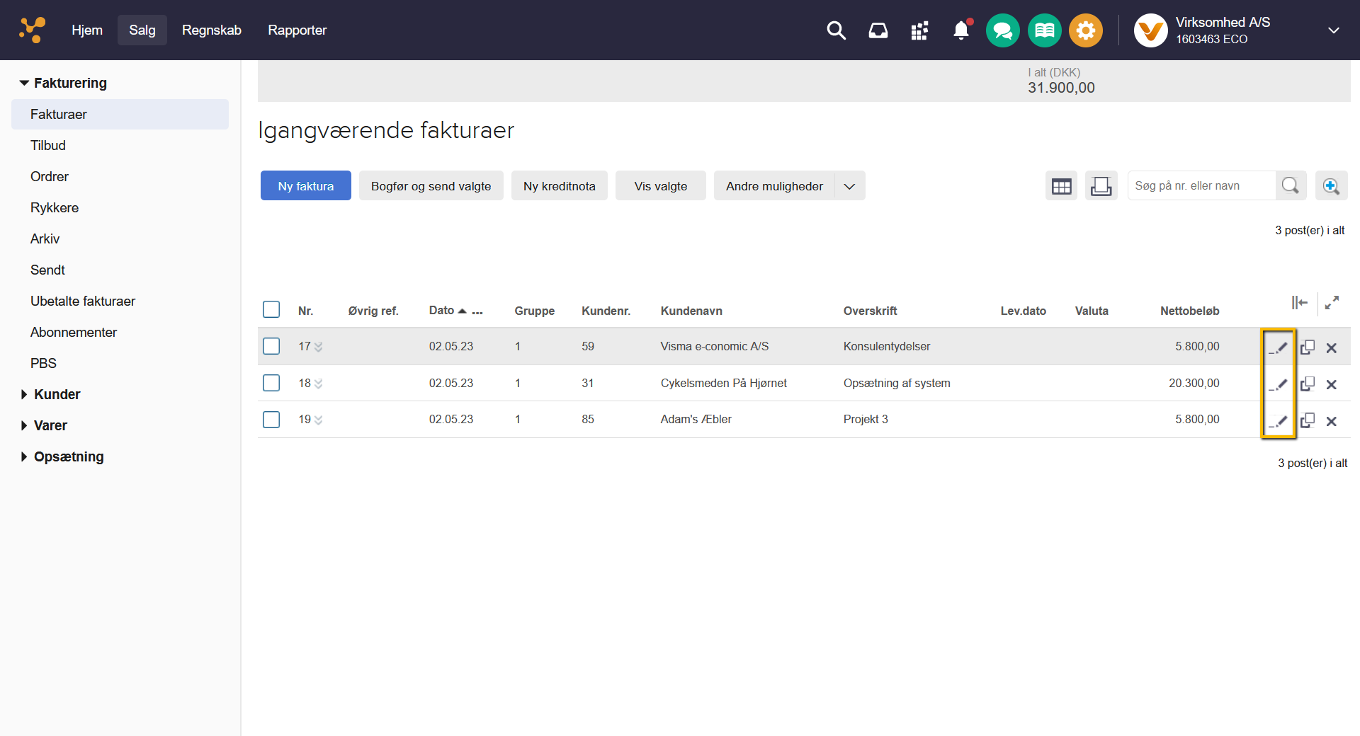 Viser blyantikonet 'Rediger' i listen over igangværende fakturaer – bruges til at arbejde videre med en valgt faktura.