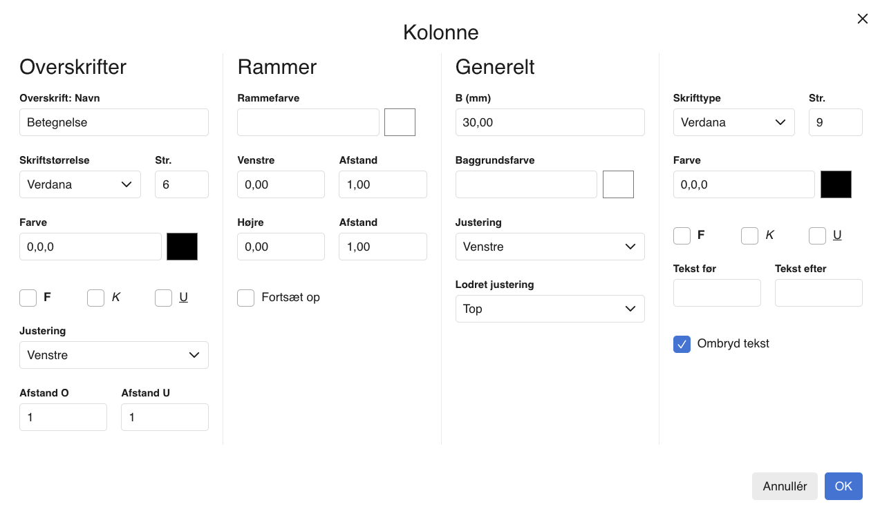 Viser indstillingsvinduet 'Kolonne' i design- og layouteditoren – bruges til at tilpasse en kolonnes udseende og format.