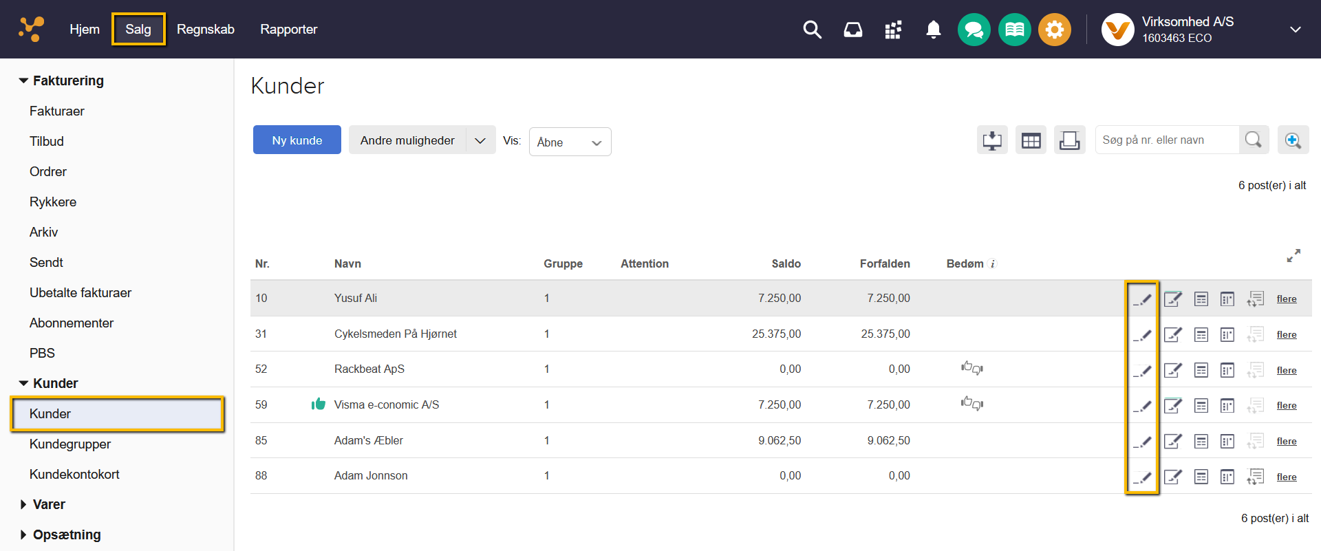 Viser redigeringsikonet (blyant) i kundelisten – bruges til at redigere en kundes oplysninger
