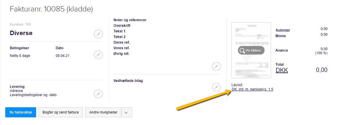 Viser Layout-feltet i fakturakladen – bruges til at vælge et specifikt layout for den enkelte faktura.