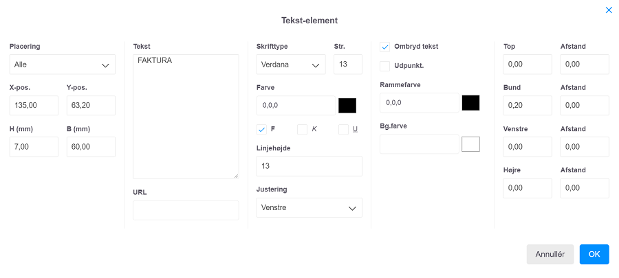 Viser dialogboksen 'Tekst-element' i skabelonlayout – bruges til at indsætte og tilpasse et fast tekstelement eller et link i en skabelon.