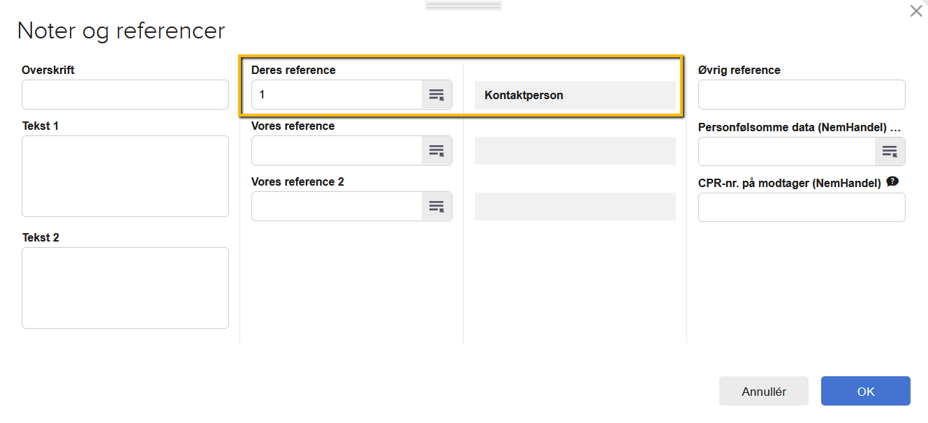 Viser feltet 'Deres reference' i sektionen 'Noter og referencer' på en faktura – bruges til at tilføje en kontaktperson til e-fakturaen.