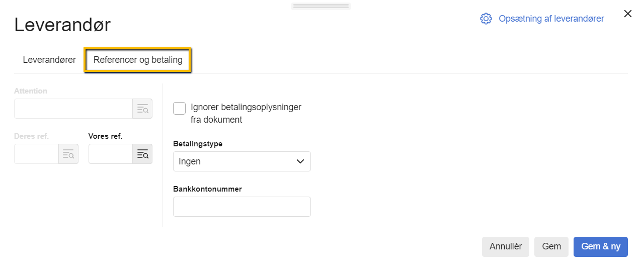 Viser fanen 'Referencer og betaling' i leverandøroprettelsen – bruges til at indtaste specifikke reference- og betalingsoplysninger for leverandøren.