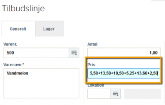 Viser en beregning med plus-tegnet i Pris-feltet på en tilbudslinje – bruges til at hurtigt udregne en samlet pris direkte i feltet.
