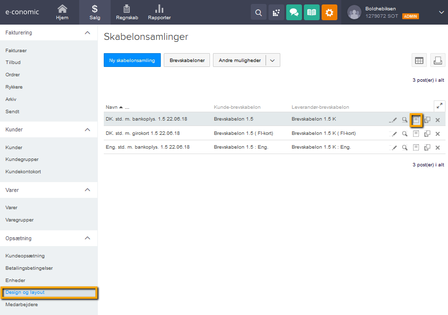 Viser knappen "Layout" i Skabelonsamlinger – bruges til at åbne en skabelons layout.