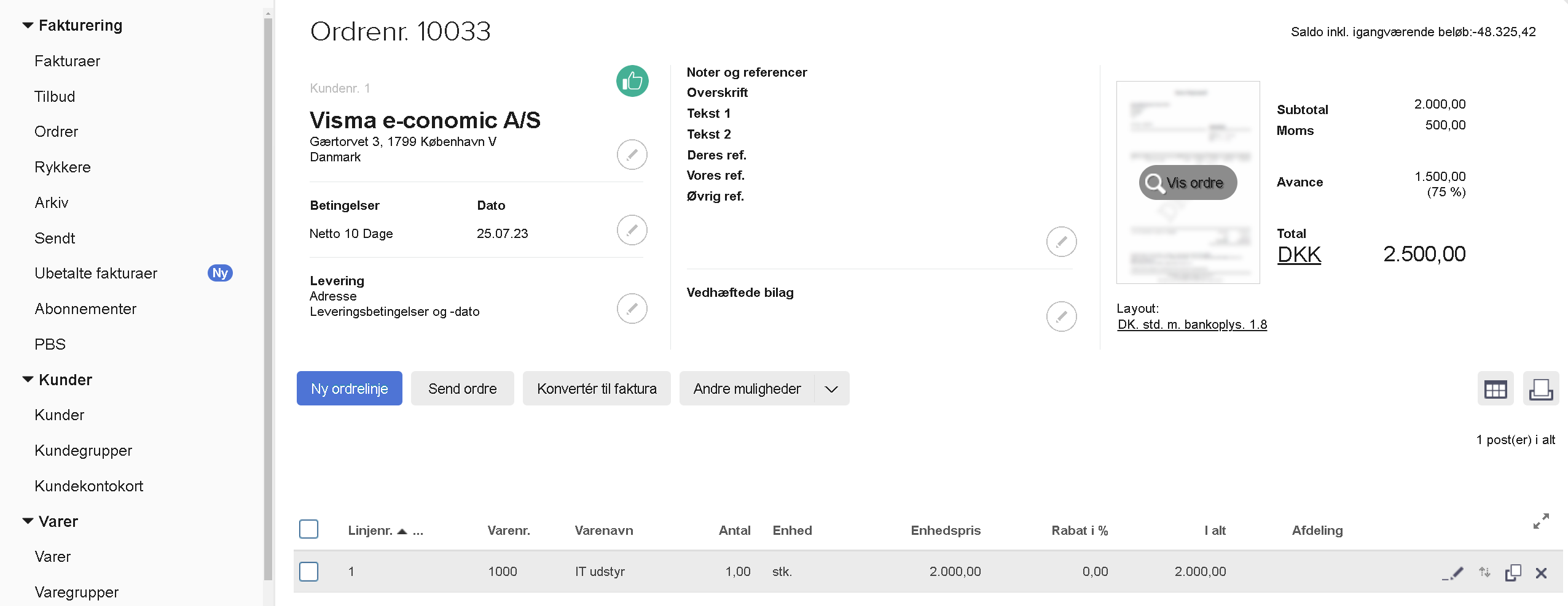 Viser redigeringsvisningen af en ordre i Ordre-modulet – bruges til at ændre i ordrens detaljer og linjer.