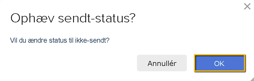 Viser bekræftelsesboksen for "Ophæv sendt-status" i tilbudsmodulet – bruges til at godkende, at et sendt tilbud kan redigeres igen.