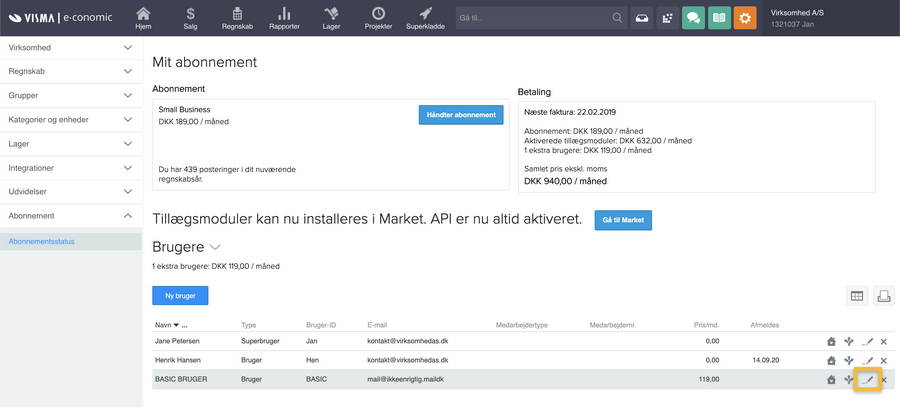 Viser blyantikonet 'Redigér' på en bruger i brugeroversigten under Abonnementsstatus – bruges til at redigere en brugers adgange og oplysninger.