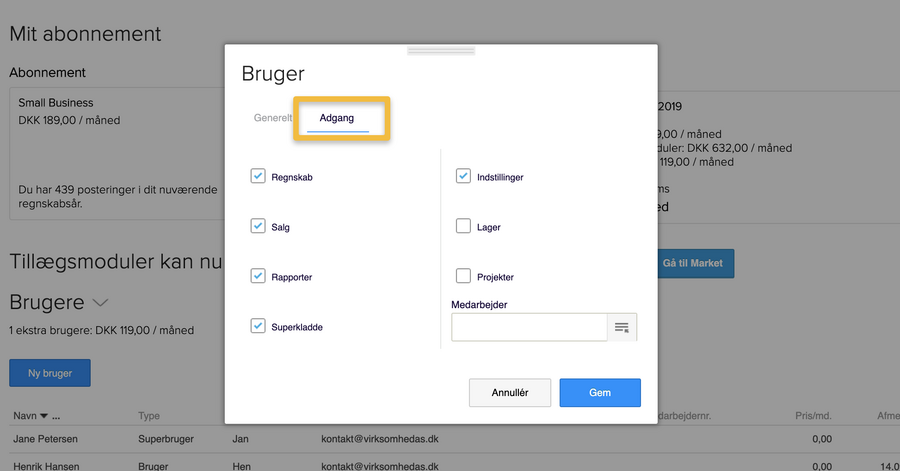 Viser fanen 'Adgang' i brugerindstillingerne – bruges til at begrænse en brugers adgang til systemets moduler.