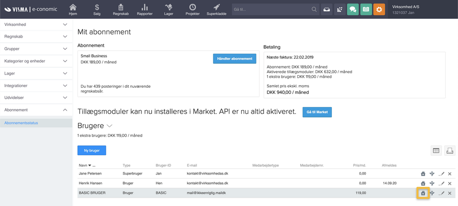 Viser hus-ikonet 'Basic faneblad' i brugeroversigten – bruges til at vælge hvilke funktioner brugeren skal have adgang til.