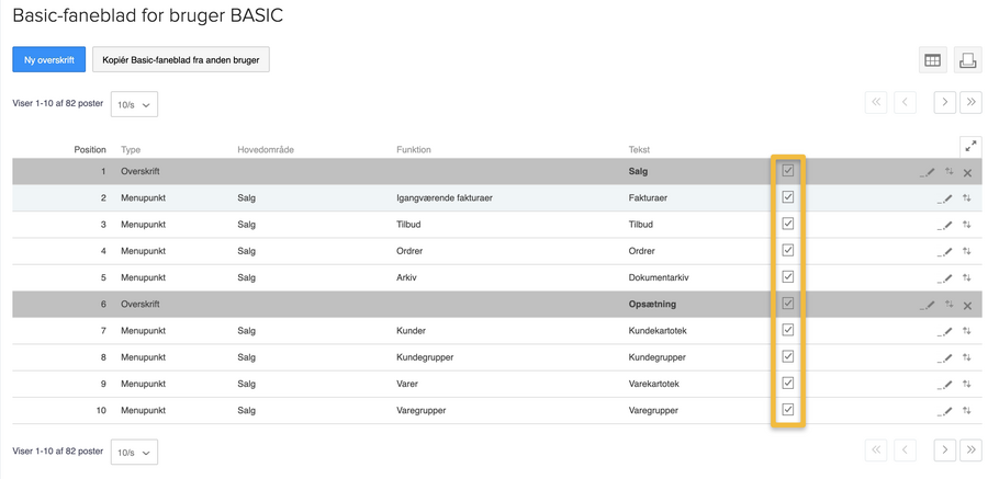 Viser flueben ved funktioner i et Basic-faneblad – bruges til at give en bruger adgang til udvalgte menupunkter.
