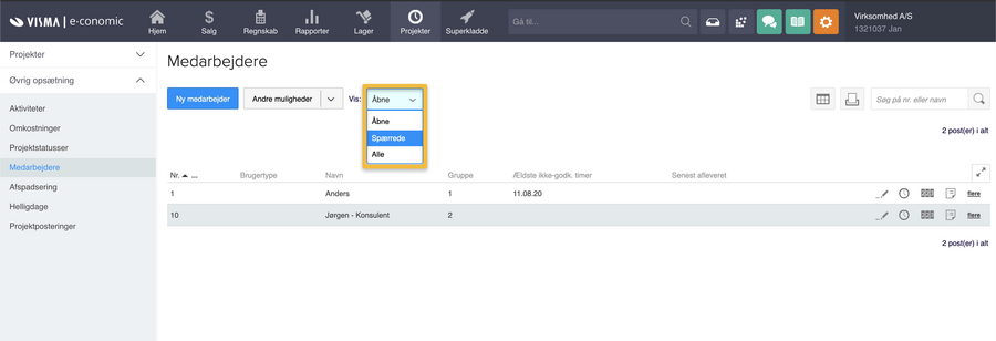Viser filtermenuen 'Vis' i medarbejderoversigten – bruges til at skifte mellem at se åbne, spærrede eller alle medarbejdere.