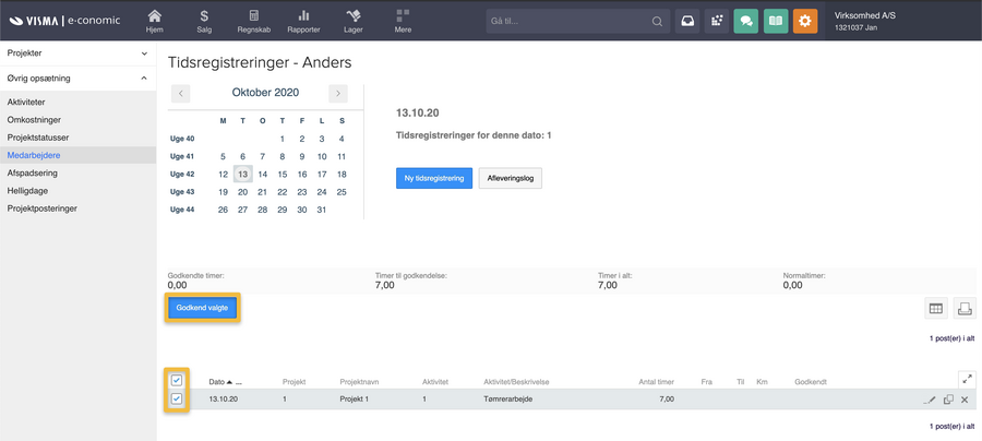Viser knappen 'Godkend valgte' i tidsregistreringsoversigten – bruges til at godkende de markerede tidsregistreringer.