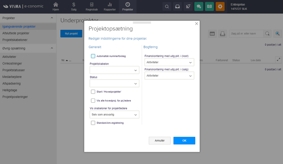 Viser projektopsætningen i projektmodulet – bruges til at redigere de generelle indstillinger for projekter.