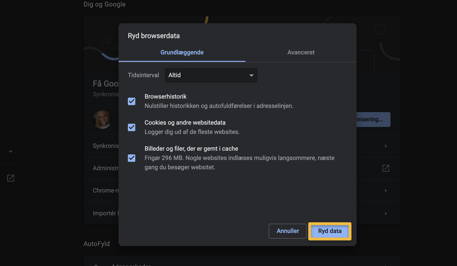 Viser dialogboksen 'Ryd browserdata' i Google Chrome – bruges til at slette cookies, browserhistorik og andre websitedata.