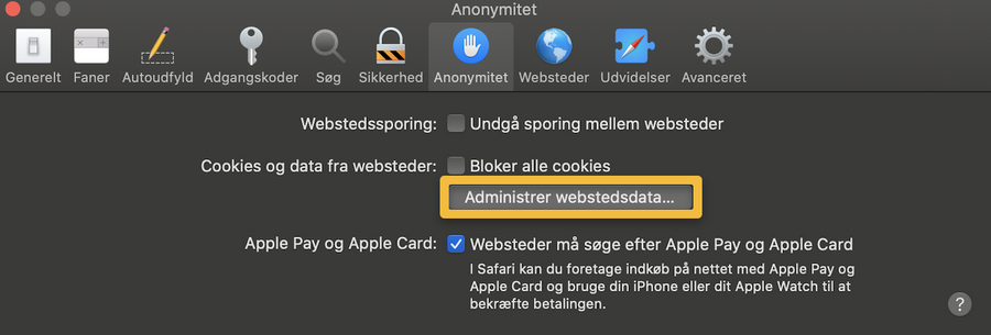 Viser knappen 'Administrer webstedsdata' i fanen 'Anonymitet' i Safari – bruges til at administrere og fjerne gemte cookies og data.