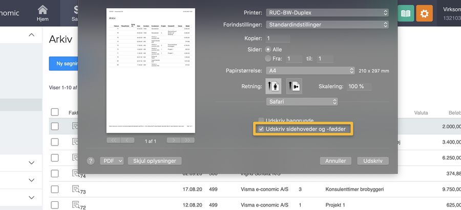 Viser afkrydsningsfeltet 'Udskriv sidehoveder og -fødder' i print-indstillingerne i Safari – bruges til at tilføje sidehoved og sidefod på udskrifter.