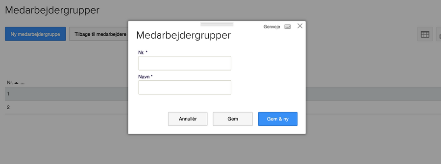 Viser dialogboksen til oprettelse af en ny medarbejdergruppe i Medarbejdergrupper – bruges til at angive nummer og navn for den nye gruppe.