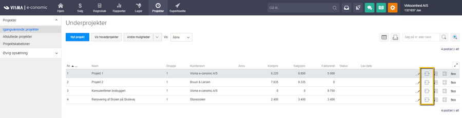 Viser "Aktiviteter"-linjeikonet i listen over igangværende projekter – bruges til at tilgå aktivitetsoversigten for et specifikt projekt.