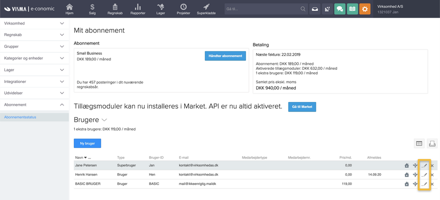 Viser redigeringsikonet for en bruger i Abonnementsstatus – bruges til at redigere brugeren for at tilknytte en medarbejder.