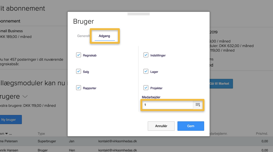 Viser feltet "Medarbejder" under fanen "Adgang" i brugerindstillingerne – bruges til at tilknytte en medarbejder til en bruger.