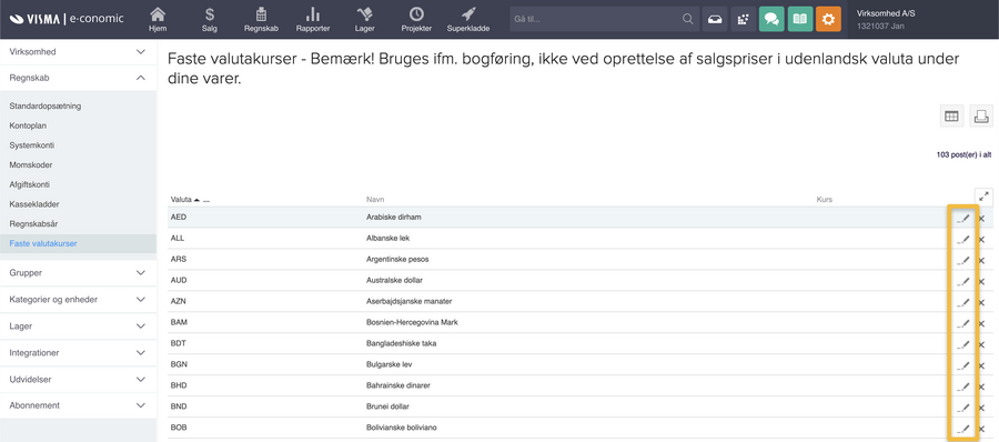 Viser rediger-ikonet i Faste valutakurser – bruges til at angive kursen på en valuta.