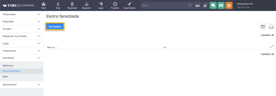 Viser "Nyt faneblad"-knappen i Ekstra faneblade – bruges til at oprette et nyt, ekstra faneblad.