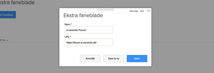 Viser felterne til oprettelse af et nyt faneblad i modulet Ekstra faneblade – bruges til at definere fanebladets navn og webadresse.