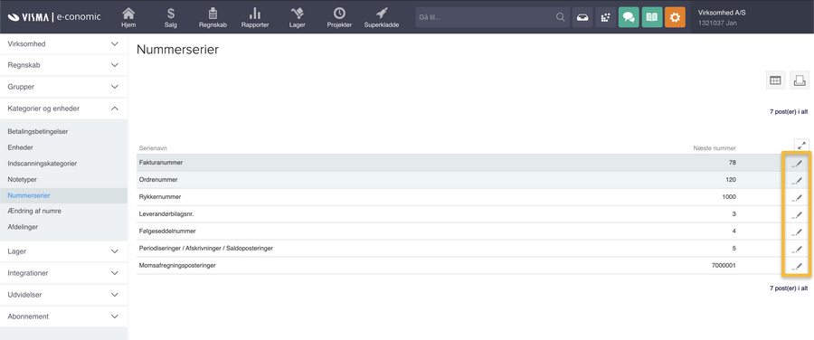 Viser redigeringsikonet i oversigten 'Nummerserier' – bruges til at ændre det næste nummer i en nummerserie.